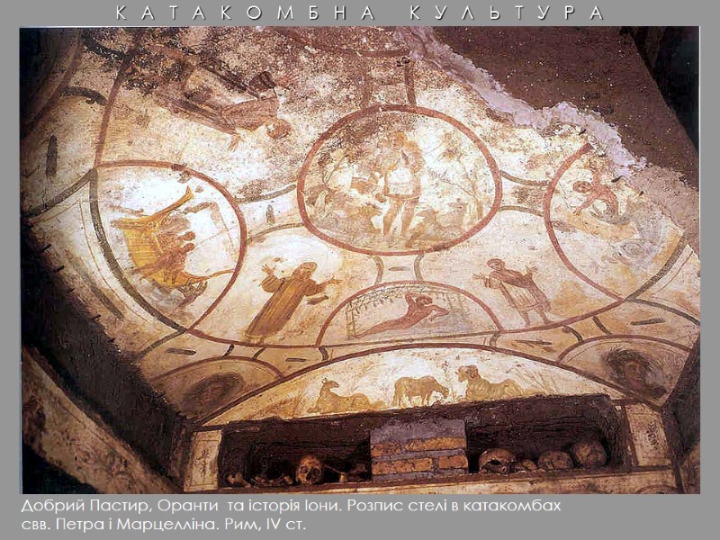 Добрий Пастир, Оранти  та історія Іони. Розпис стелі в катакомбах  свв. Петра